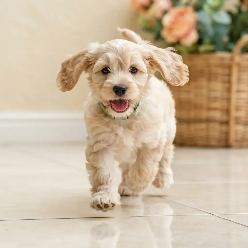 Cream male Cockapoo puppy trotting on cream tiles