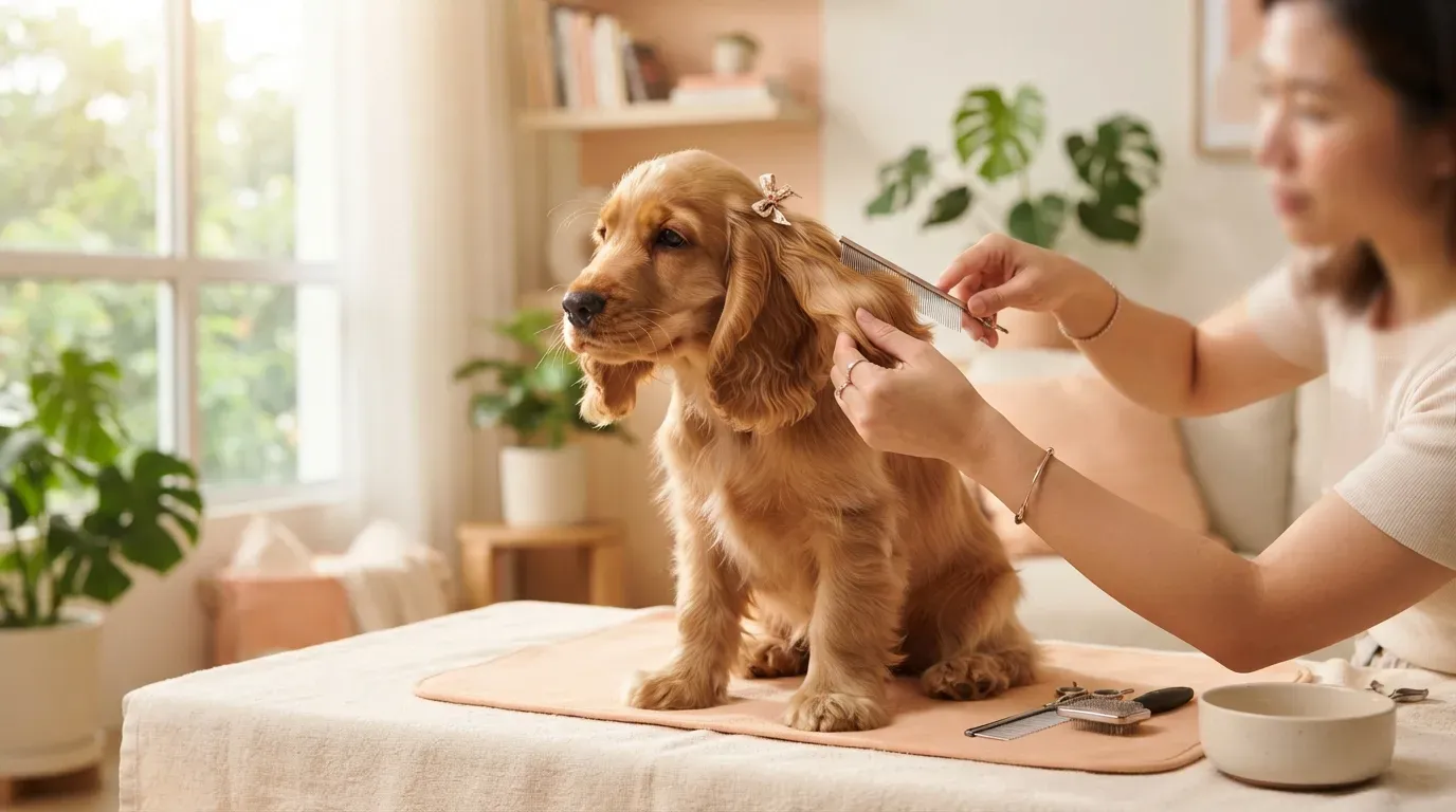 Cocker Spaniel having its long ears and silky coat groomed