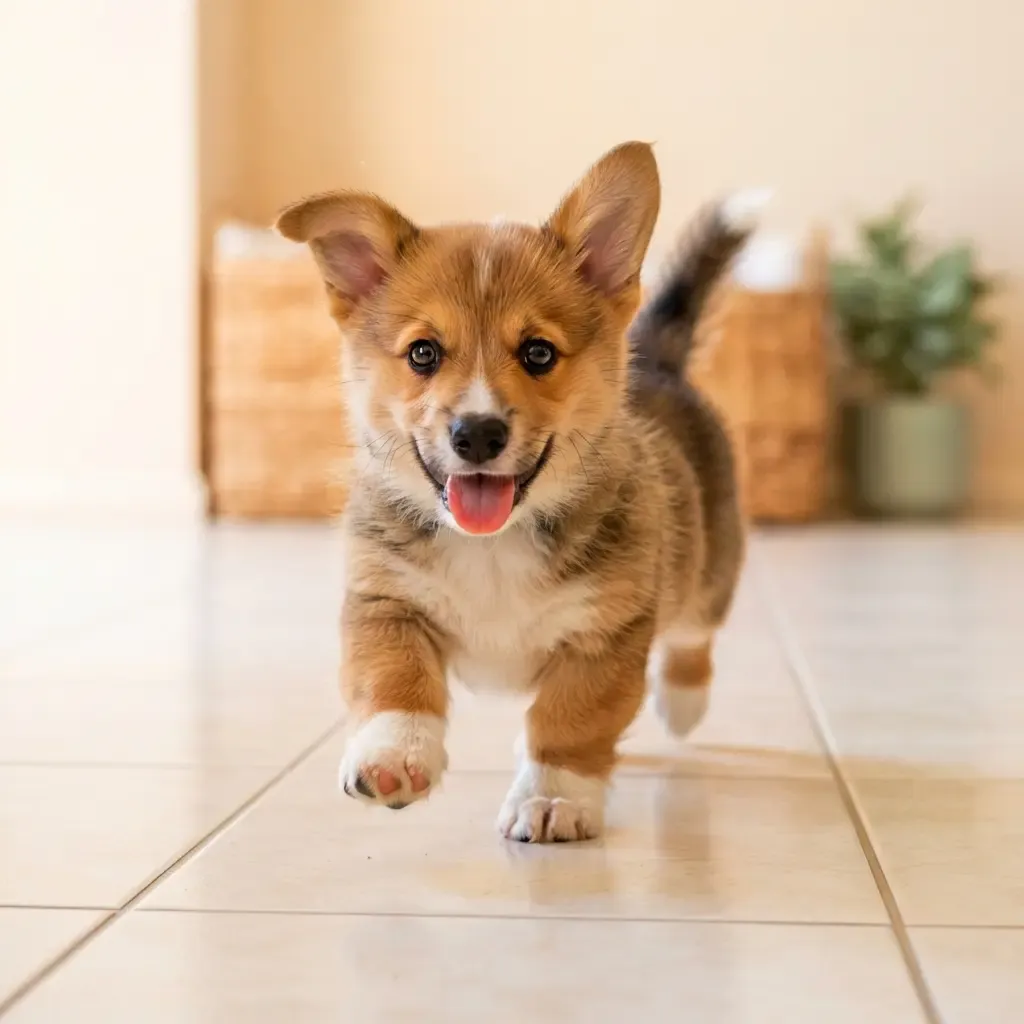 Sable male Corgi puppy trotting on cream tiles