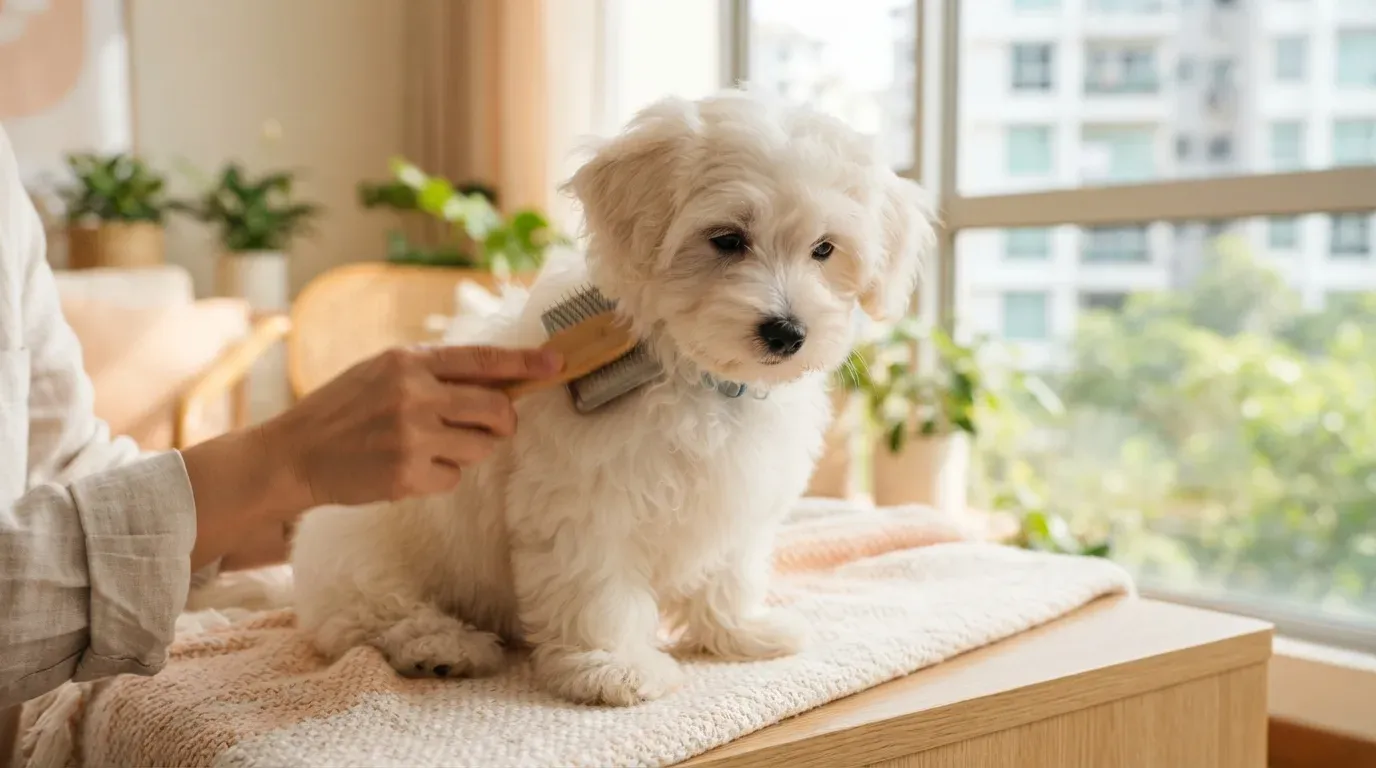 Coton de Tulear puppy having its cotton-textured coat combed