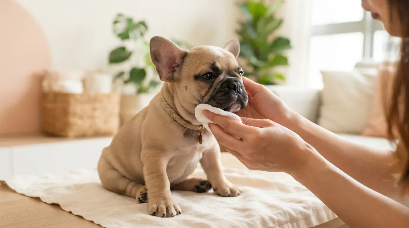 French Bulldog puppy having its facial folds gently cleaned