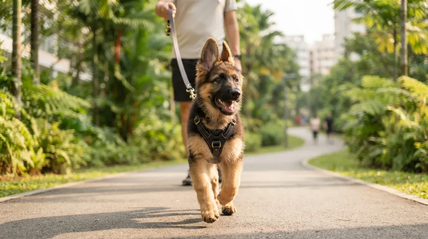 German Shepherd on a morning walk along a park connector
