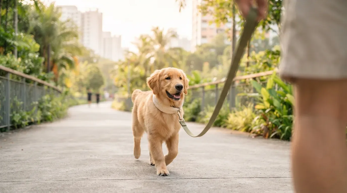 Golden Retriever on a morning walk along a park connector