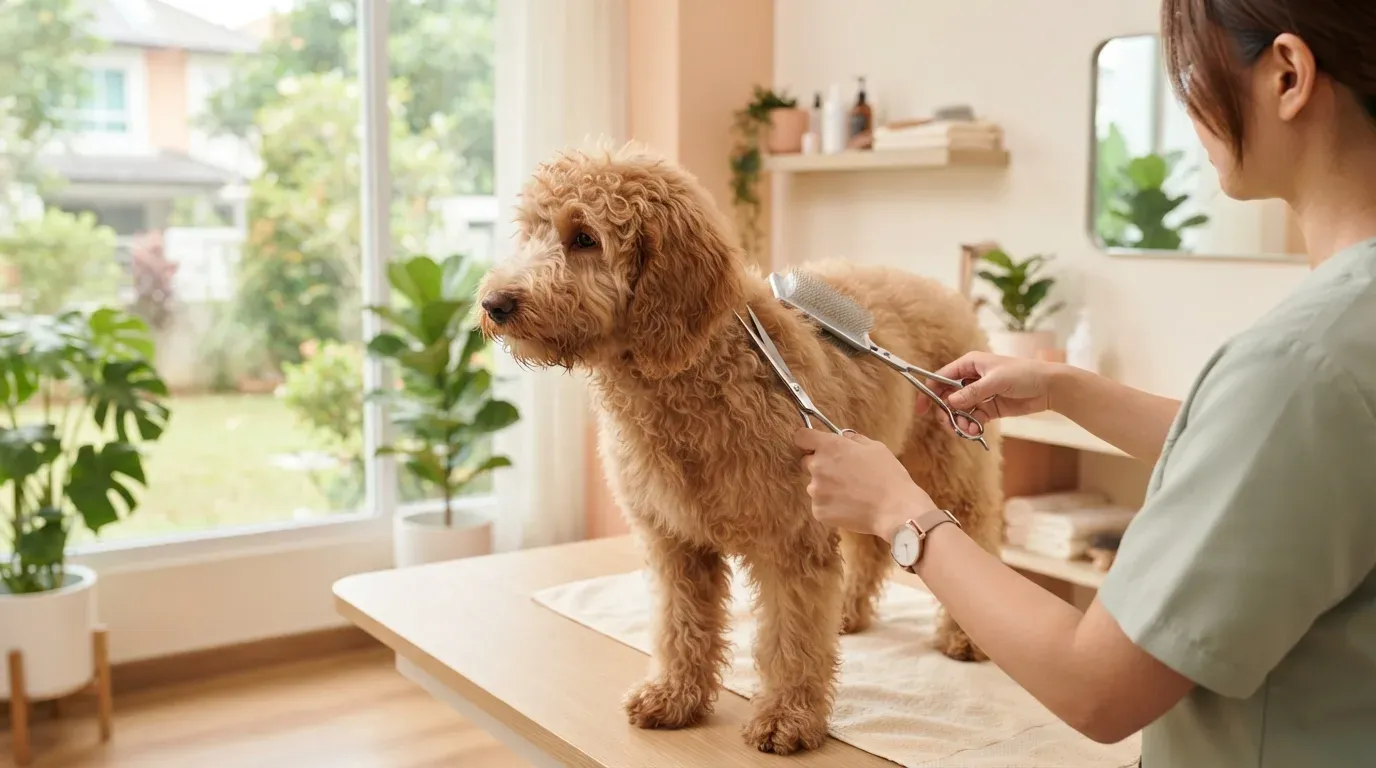 Goldendoodle having its curly coat brushed and clipped at a groomer