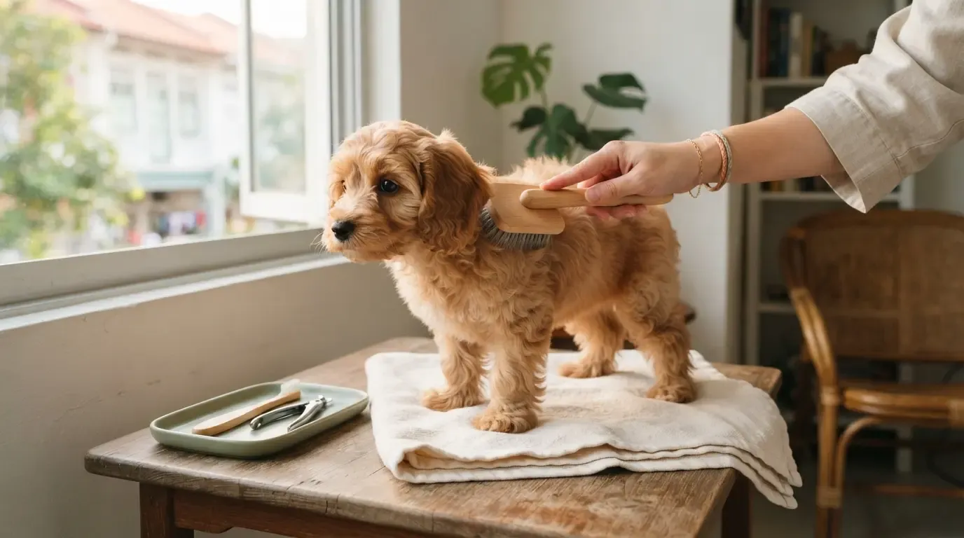 Grooming tools from the puppy starter kit in use: brushing an apricot Cavapoo coat with the slicker brush