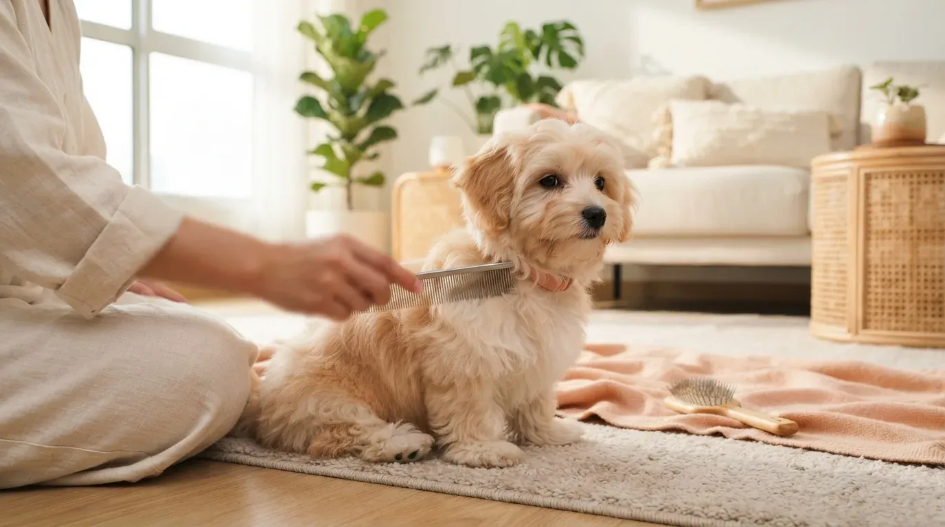Havanese puppy having its silky coat combed through
