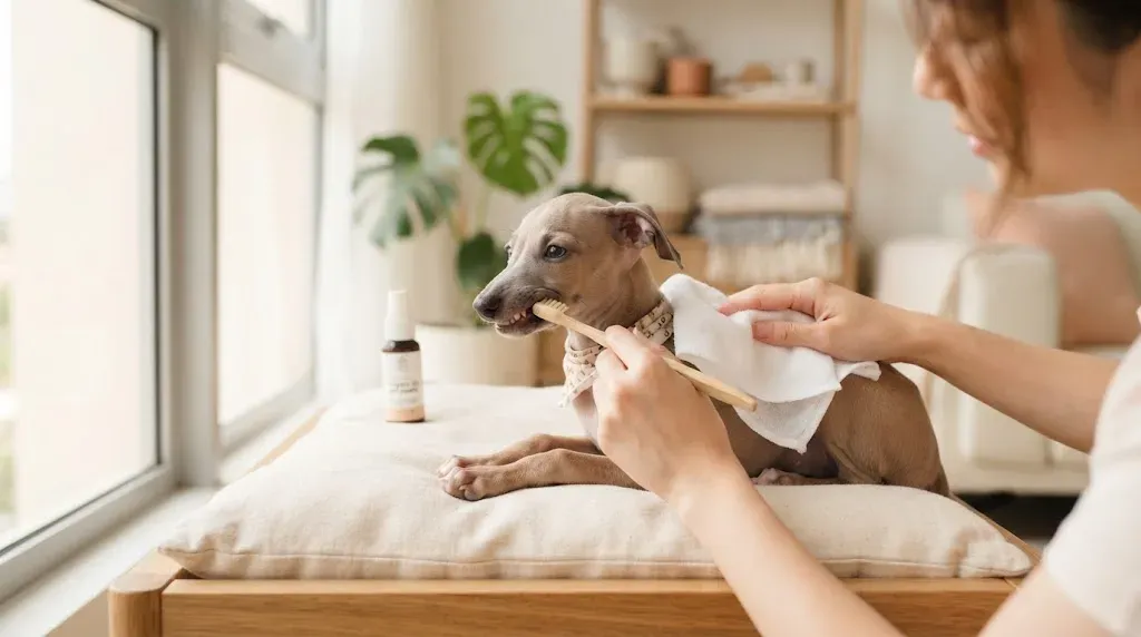 Italian Greyhound puppy getting a gentle coat wipe and tooth brushing