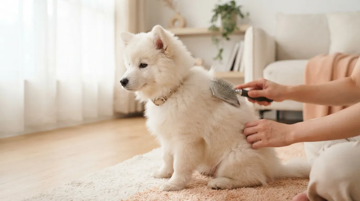 Japanese Spitz puppy being brushed through its white double coat