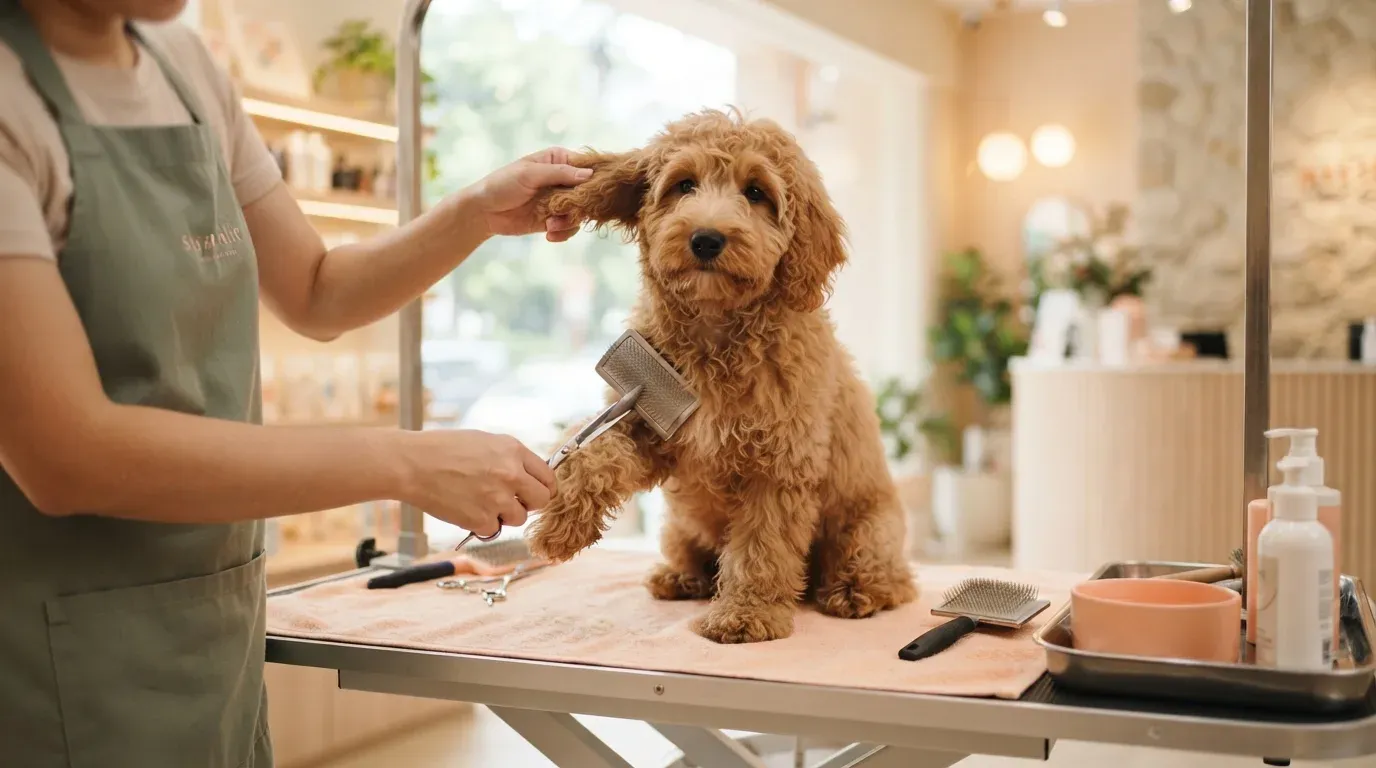 Labradoodle having its fleece coat brushed and clipped at a groomer