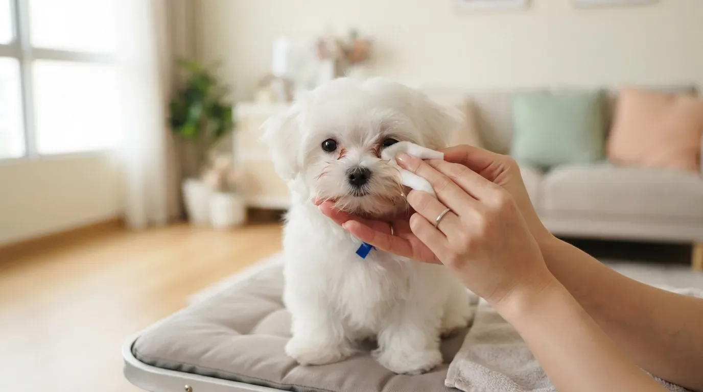 Maltese puppy having its face gently wiped during grooming and tear-stain care