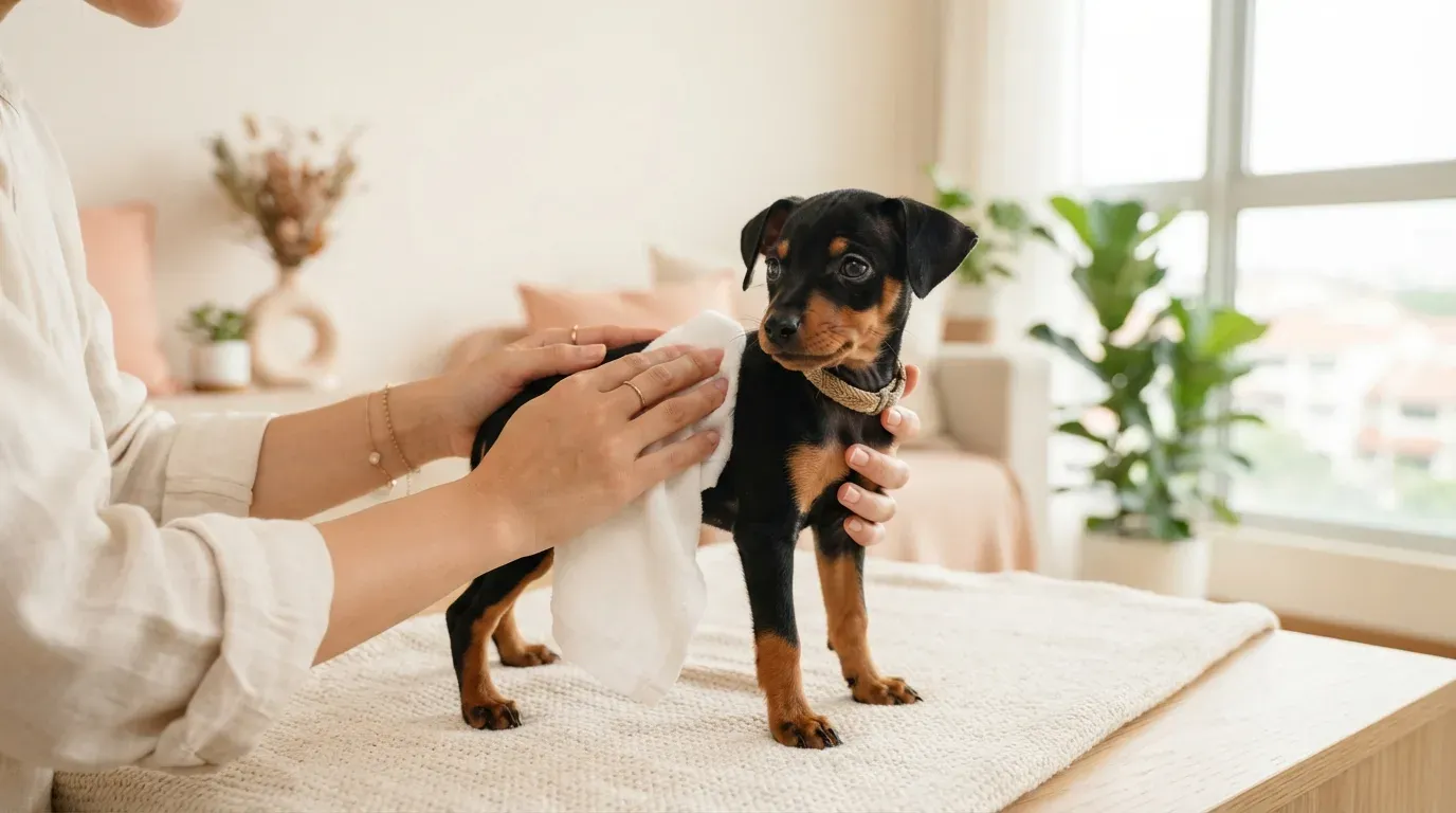 Miniature Pinscher puppy getting a quick coat wipe-down