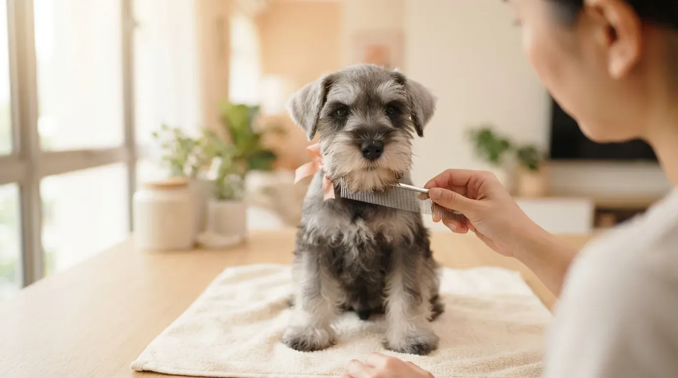 Miniature Schnauzer puppy having its beard combed during grooming