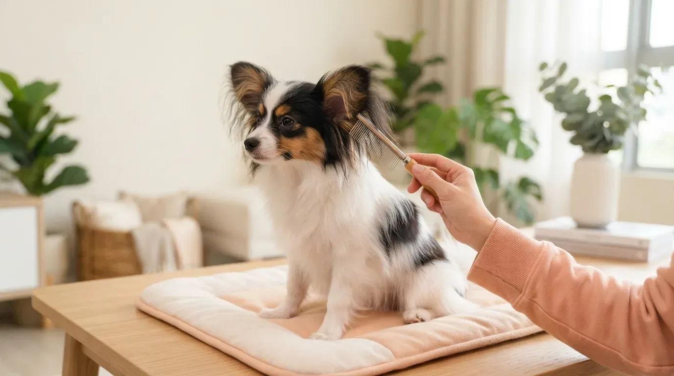 Papillon puppy having its silky coat and ear fringes combed