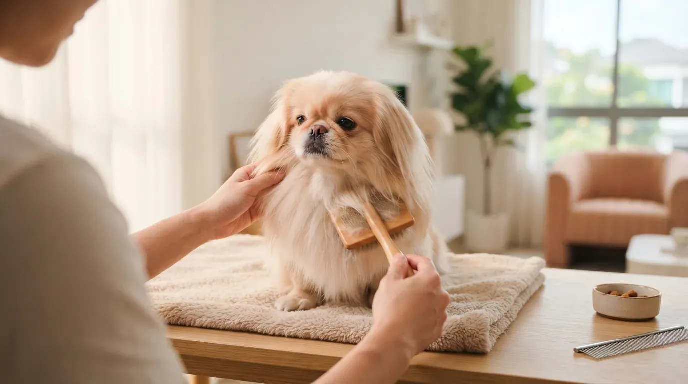 Pekingese puppy having its mane brushed through