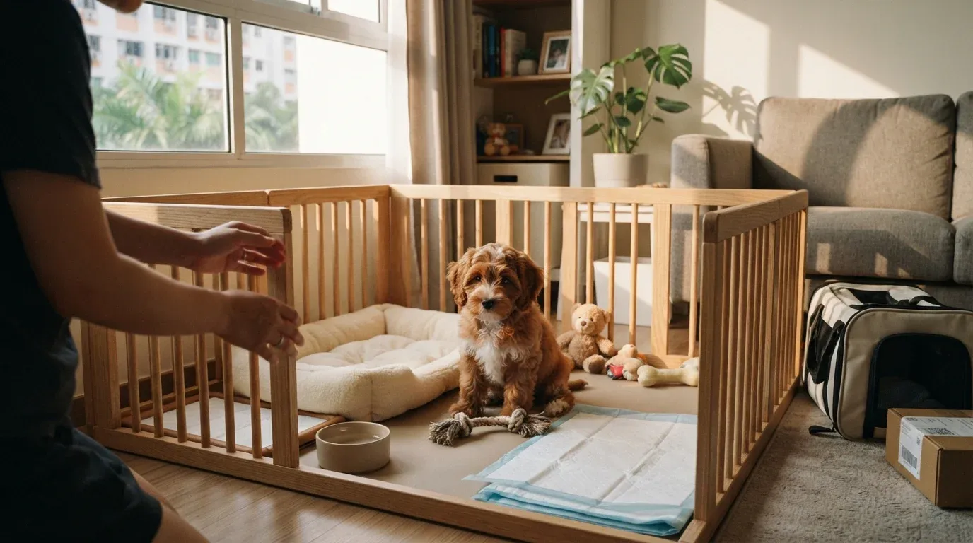 Playpen and bed set up in a Singapore home ahead of a puppy's arrival