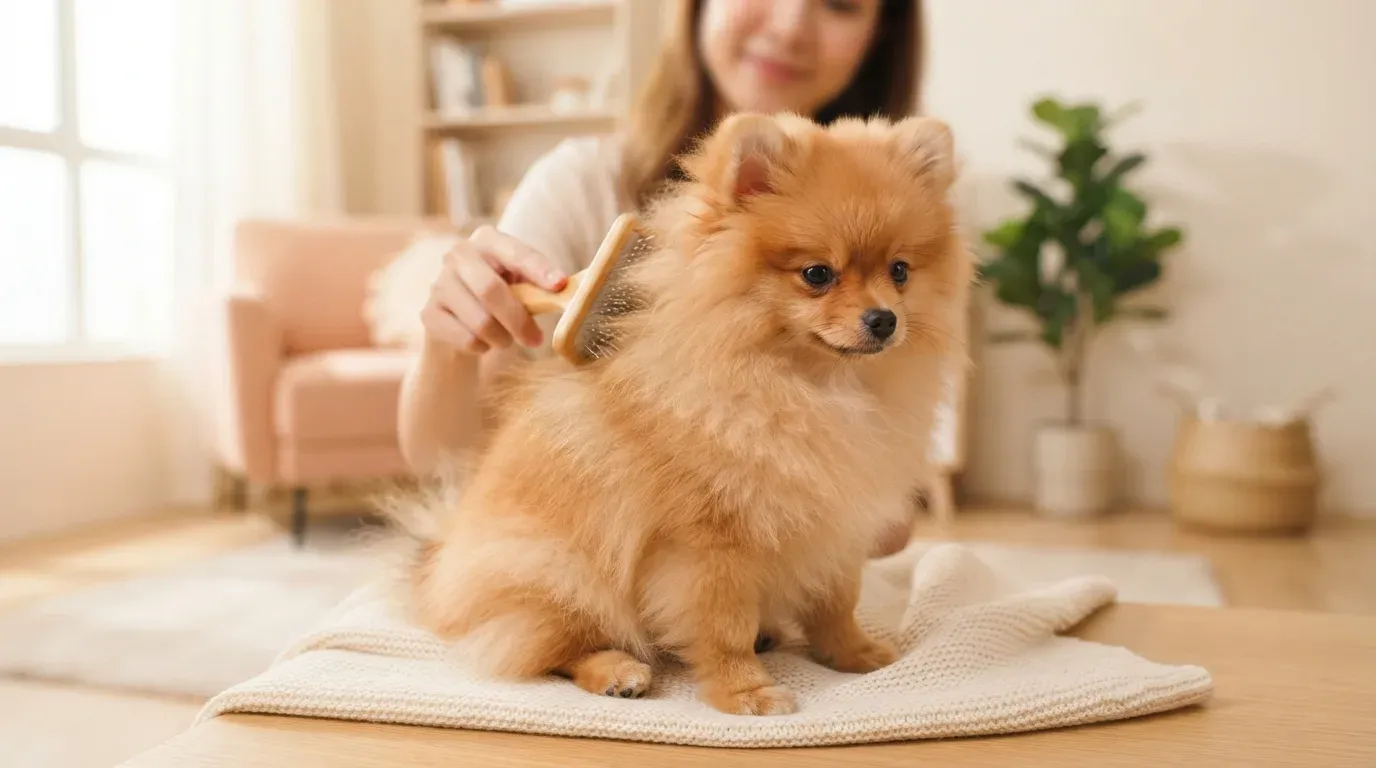 Pomeranian puppy being brushed through its double coat