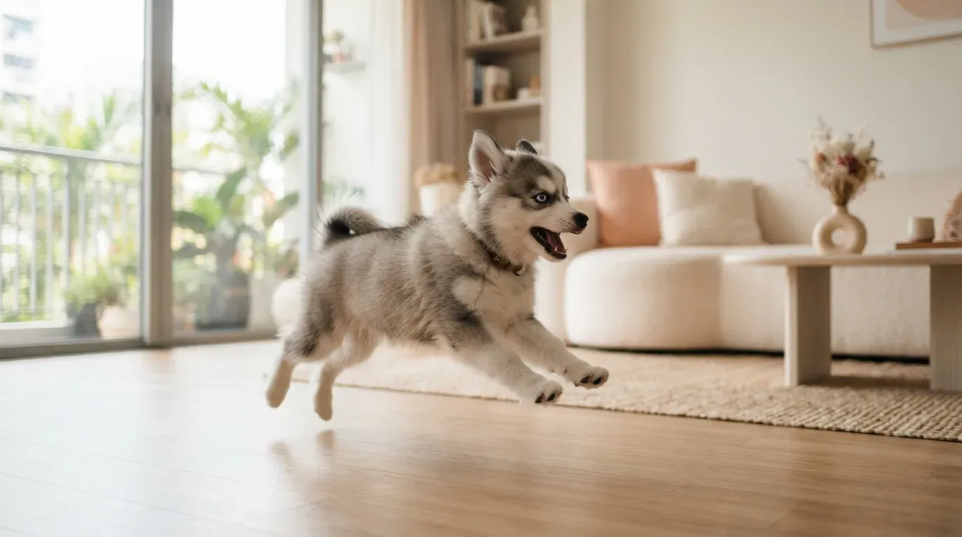 Pomsky puppy mid-zoomies across a living room