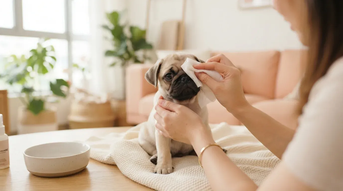 Pug puppy having its facial wrinkles gently cleaned