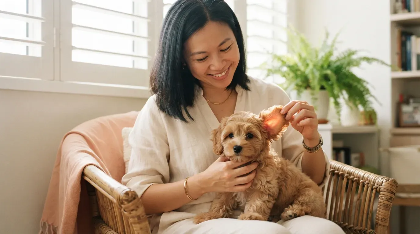 Puppy aftercare included in the price: apricot Cavapoo resting on a caregiver's lap during a gentle ear check at home