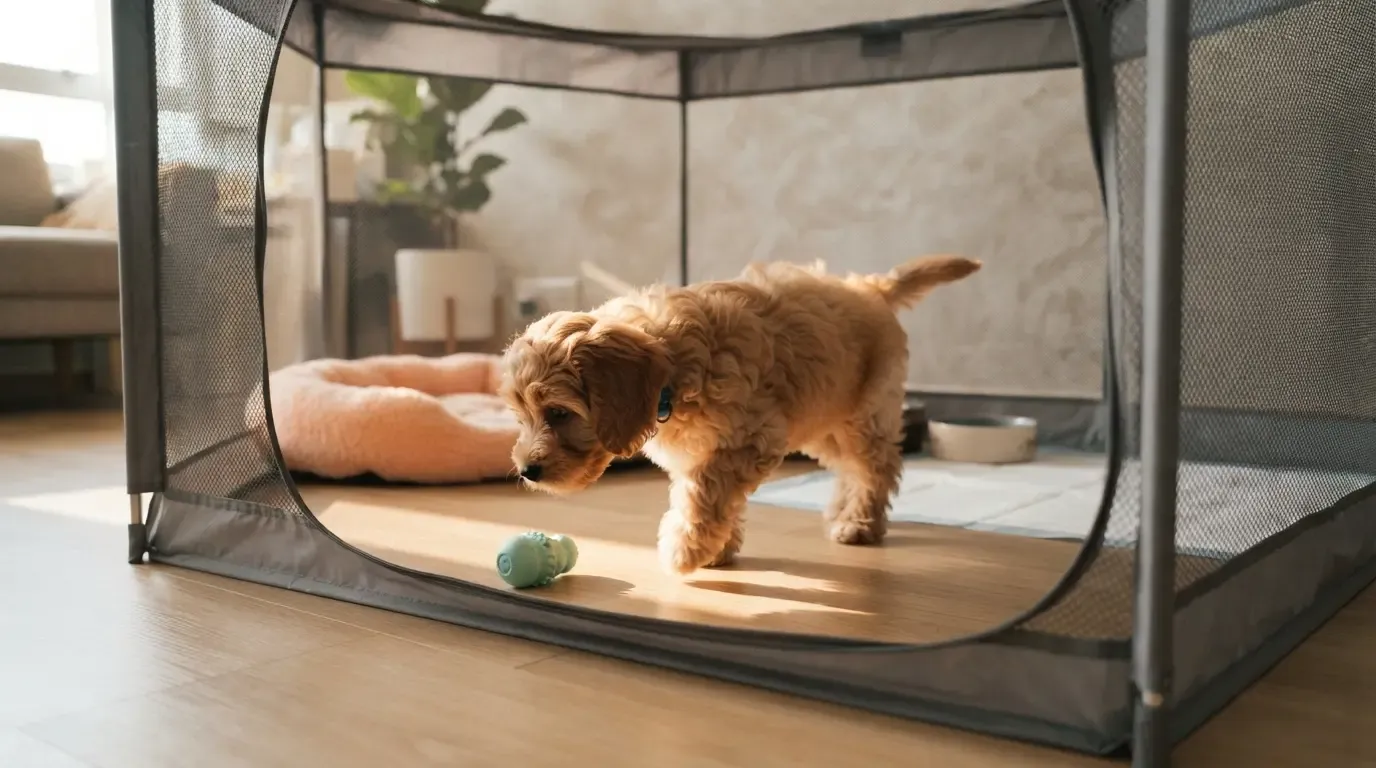 Bringing a new puppy home: apricot Cavapoo exploring its set-up playpen at its own pace in the first 24 hours