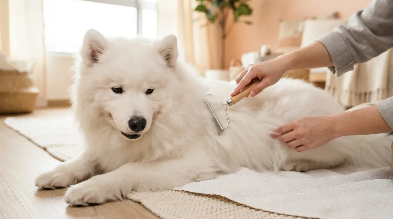 Samoyed having its double coat line-brushed with an undercoat rake