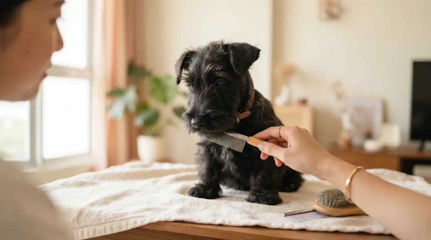 Scottish Terrier puppy having its wiry coat and beard combed