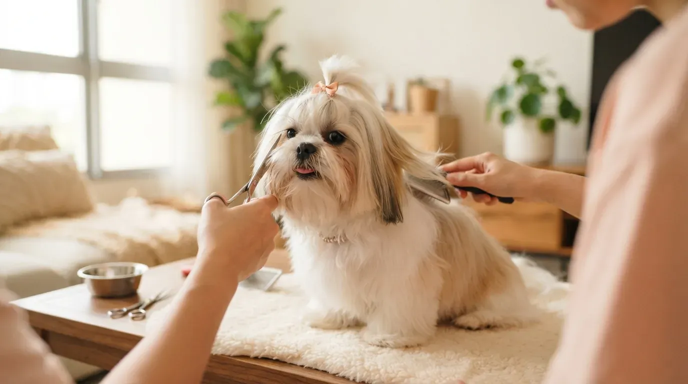Shih Tzu puppy having its long coat brushed and face tidied