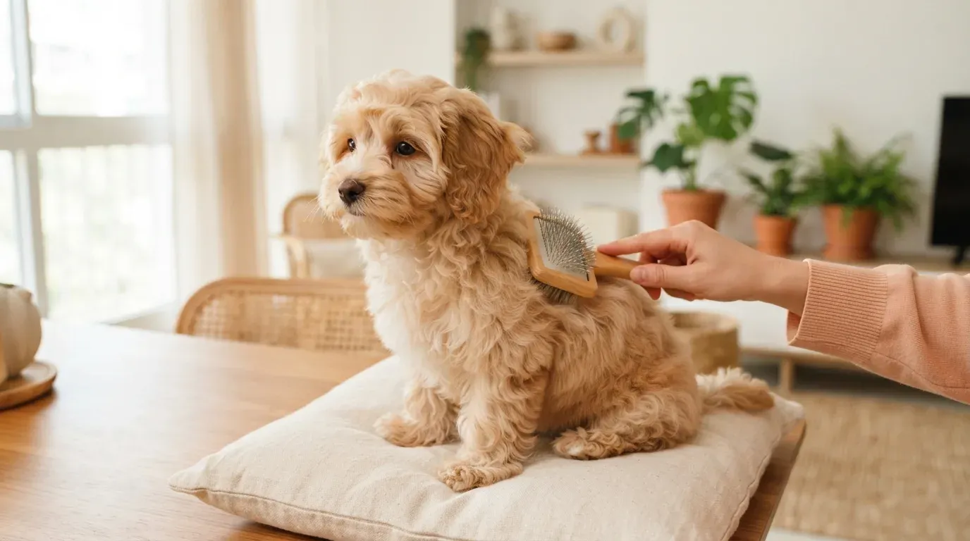 Shihpoo puppy being brushed through its soft wavy coat