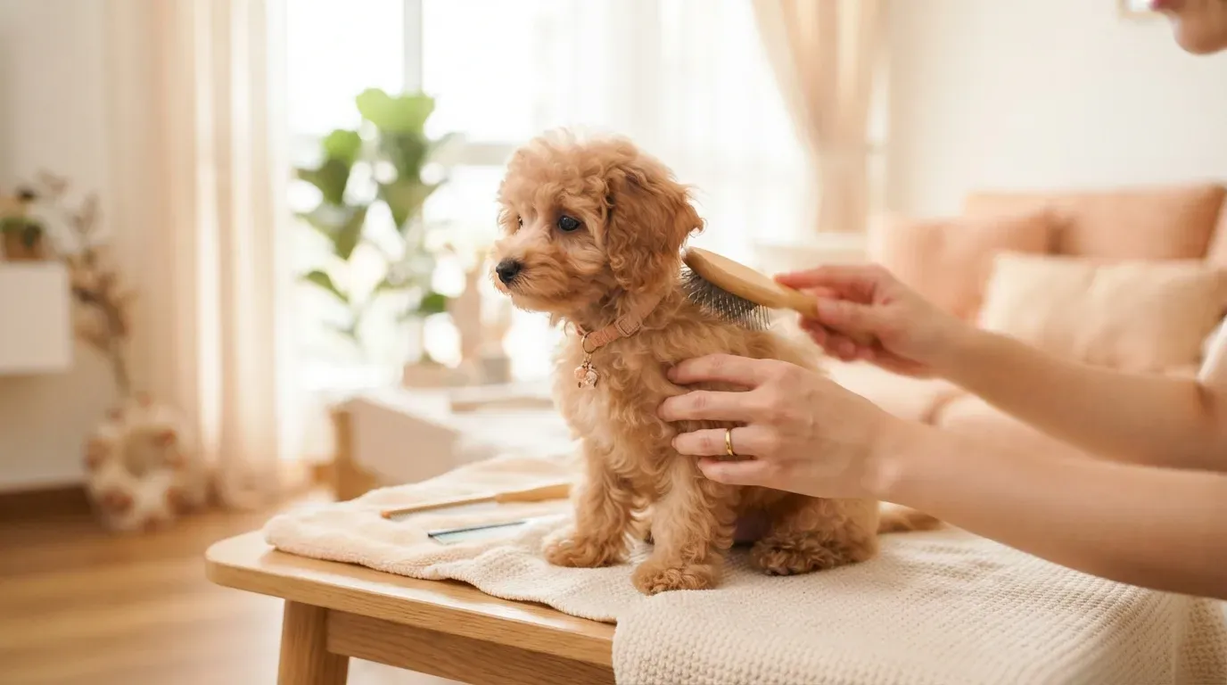 Toy Poodle puppy being brushed during a coat care session