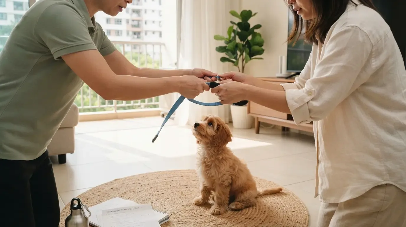 First puppy training lesson at home: trainer showing a new owner a leash hold while the Cavapoo watches from the mat
