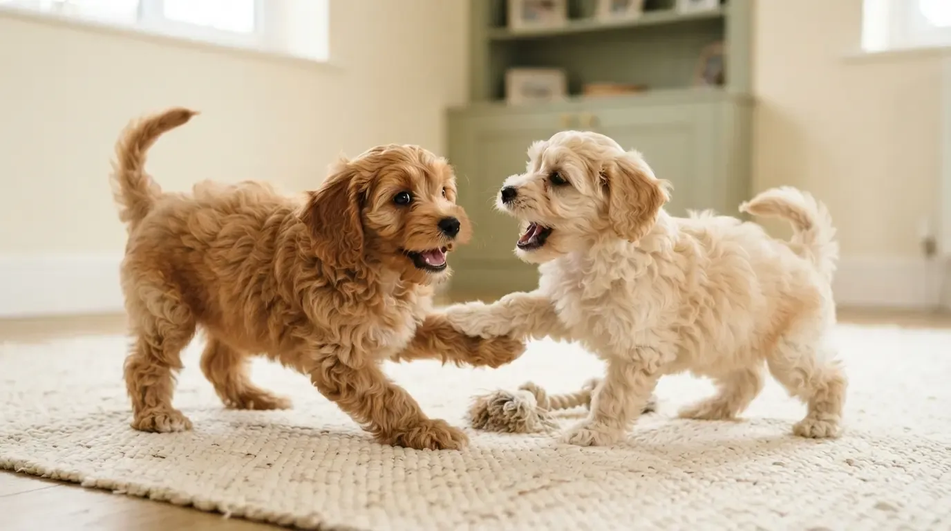 Well-socialised puppies at an AVS licensed shop: apricot Cavapoo and cream Bichonpoo playing gently on a mat