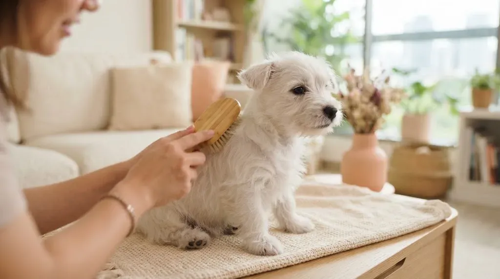 Westie puppy being brushed through its white double coat
