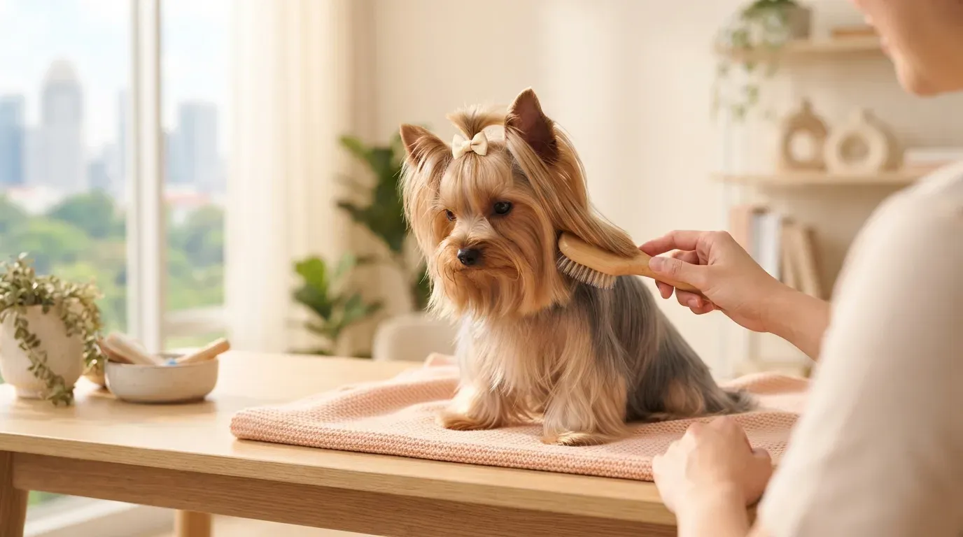 Yorkshire Terrier puppy having its silky coat combed