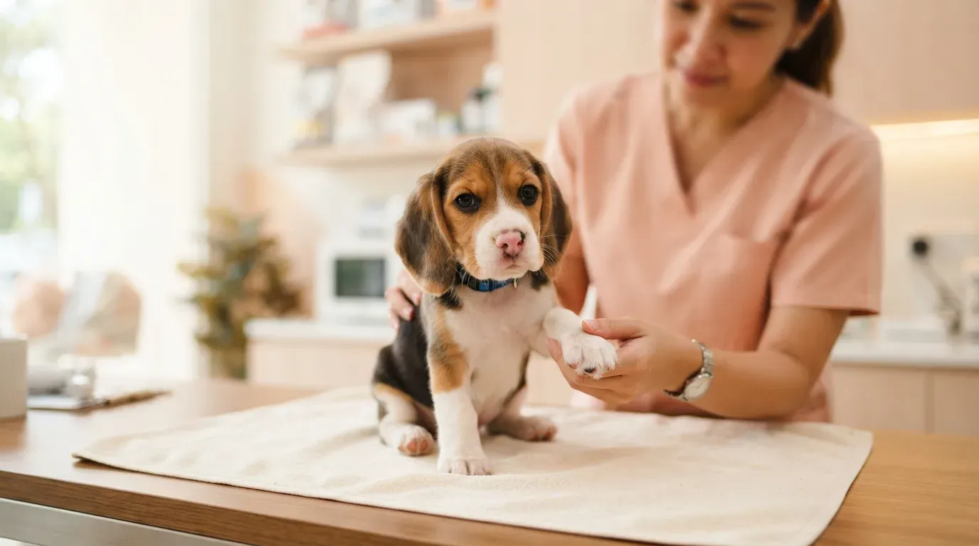 Beagle puppy at a veterinary health check before going home