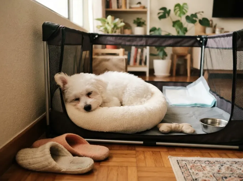 Bichon Frise puppy settling into a set-up playpen during its first week home