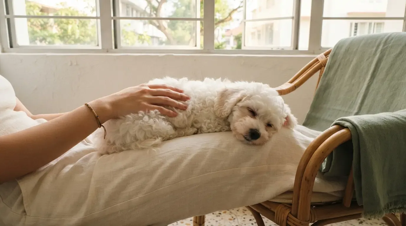 Bichonpoo companionship: white curly puppy settled happily on a caregiver's lap at home