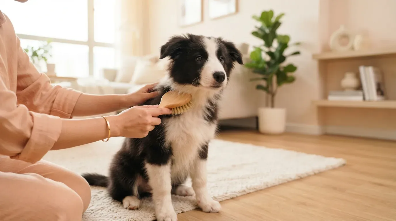 Border Collie having its moderate double coat brushed