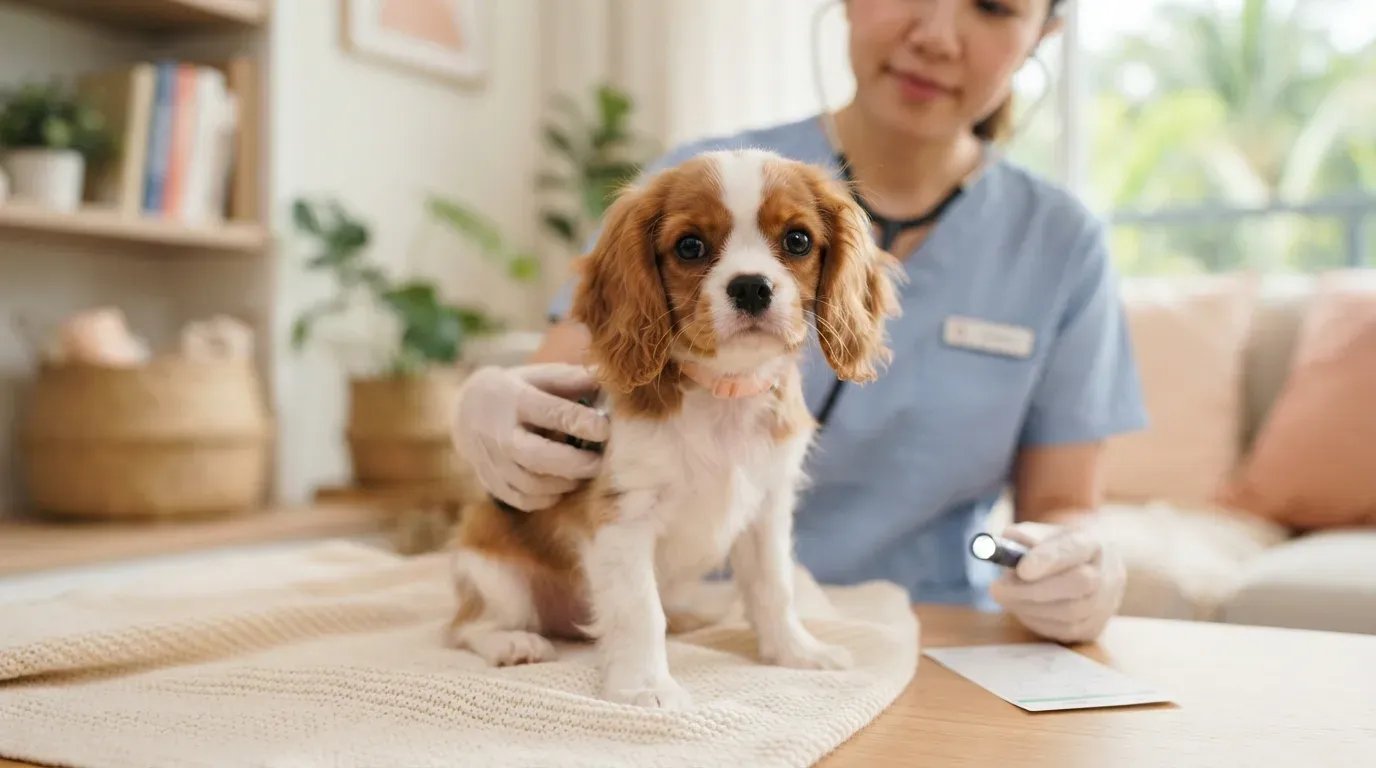 Cavalier King Charles Spaniel puppy at a veterinary health check before going home