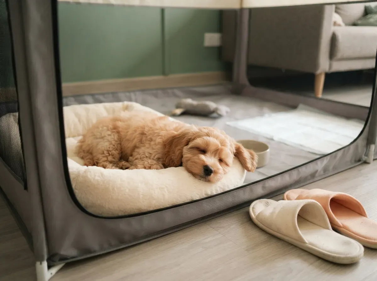 Cavapoochon puppy settling into a set-up playpen during its first week home
