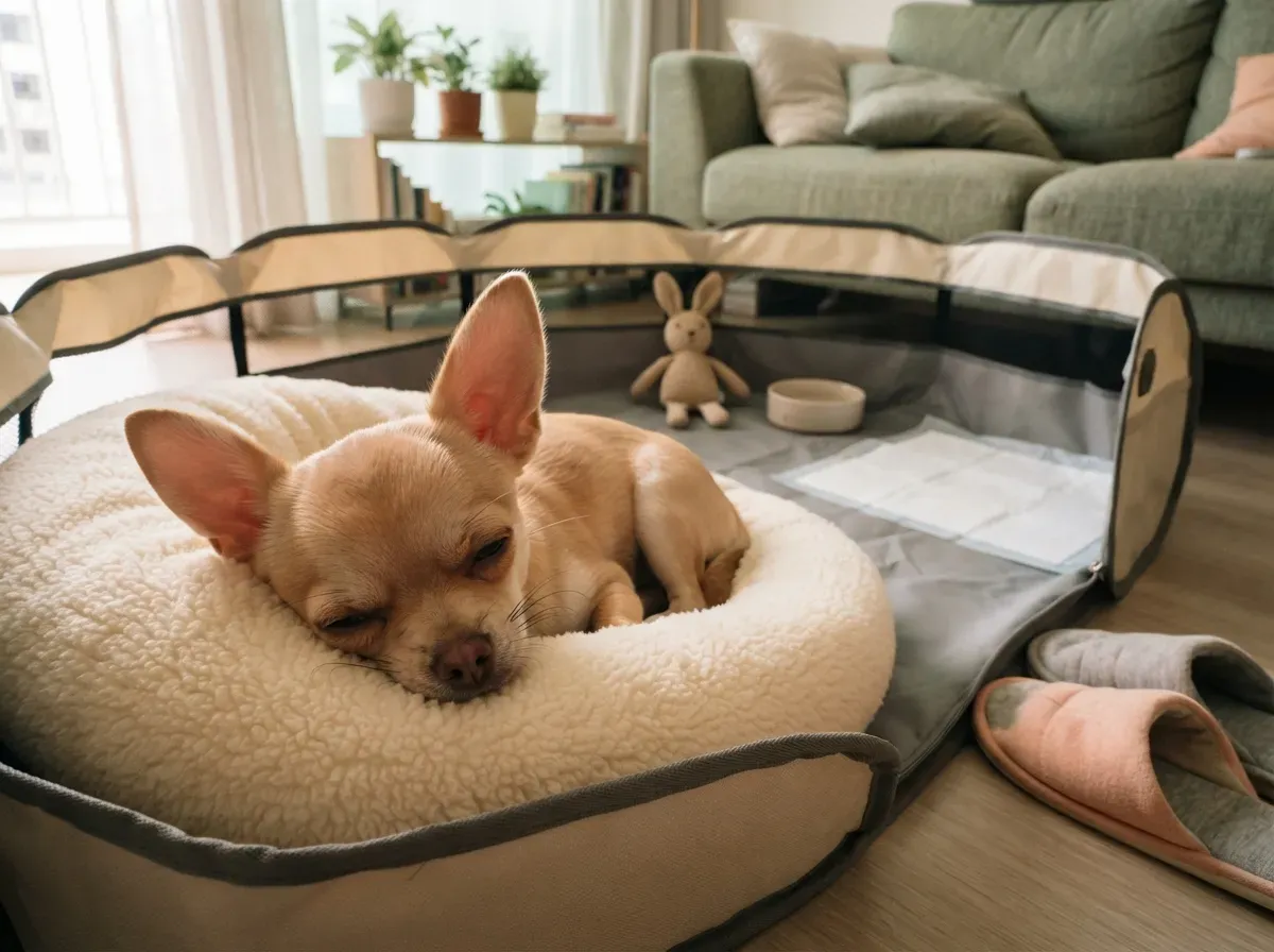 Chihuahua puppy settling into a set-up playpen during its first week home
