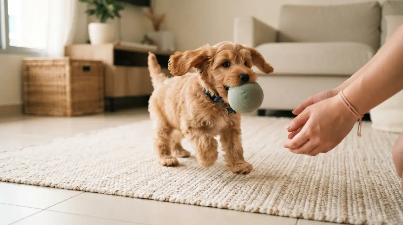 Cockapoo family fit: apricot puppy returning a soft ball across a living room mat toward waiting hands