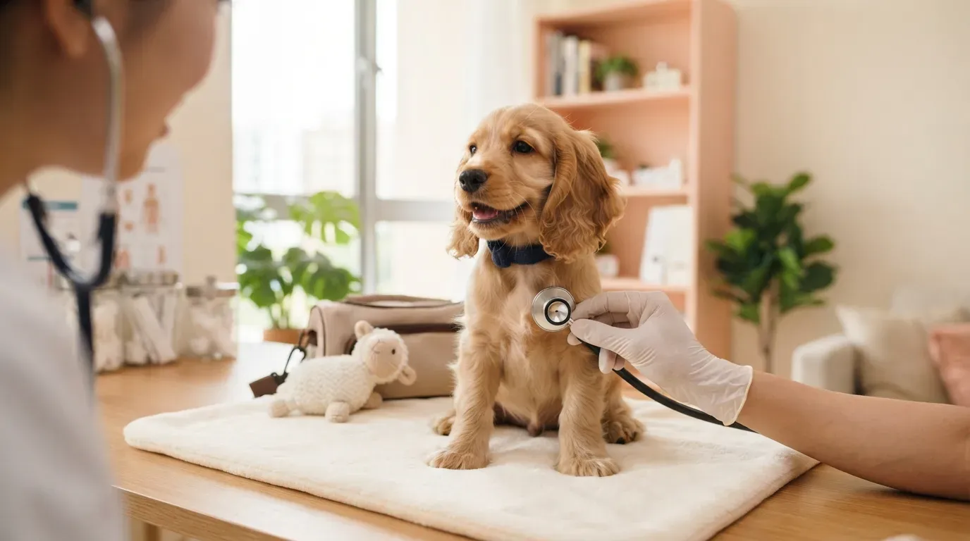 Cocker Spaniel puppy at a veterinary health check before going home