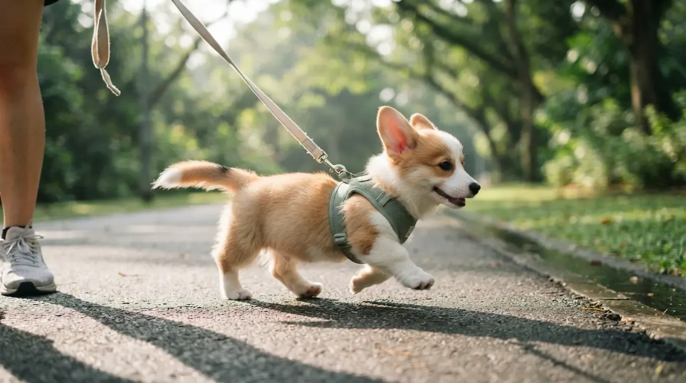 Corgi puppy on an early morning shaded park connector walk in Singapore