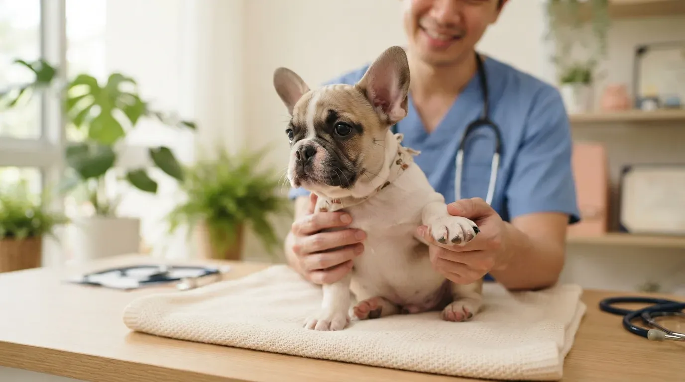 French Bulldog puppy at a veterinary health check before going home