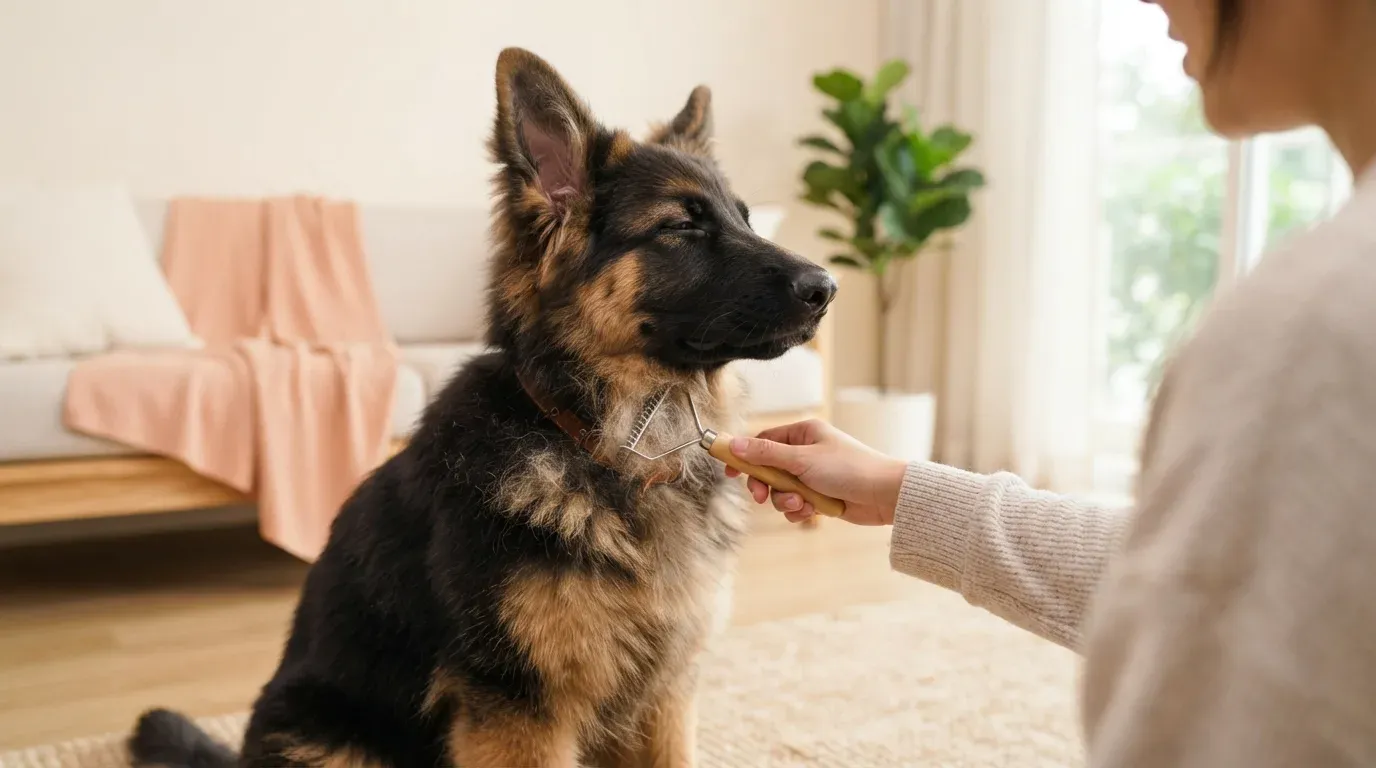 German Shepherd having its double coat brushed with an undercoat rake