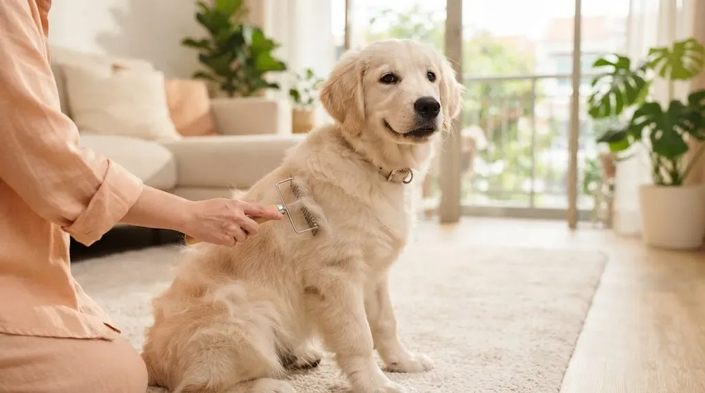 Golden Retriever having its double coat brushed with an undercoat rake