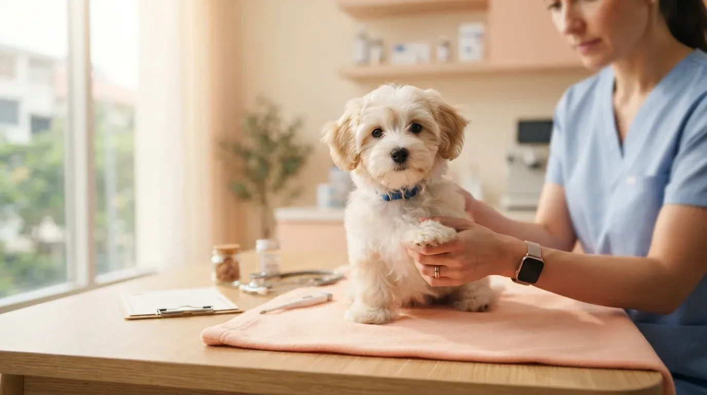 Havanese puppy at a veterinary health check before going home