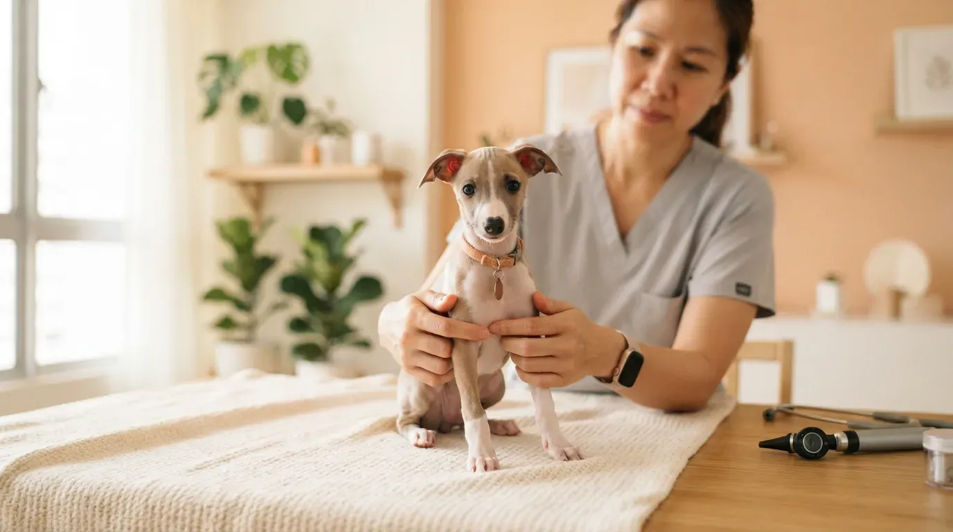 Italian Greyhound puppy at a veterinary health check before going home