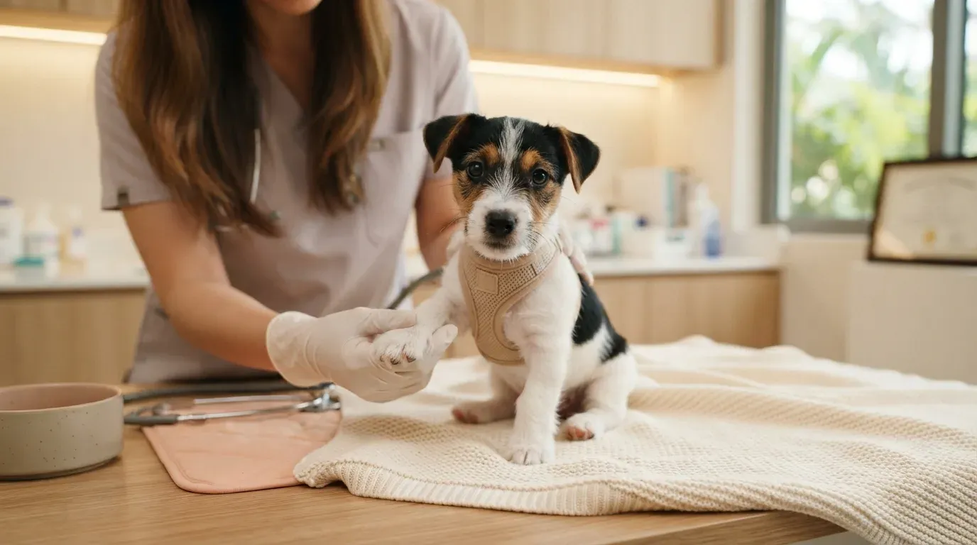 Jack Russell Terrier puppy at a veterinary health check before going home