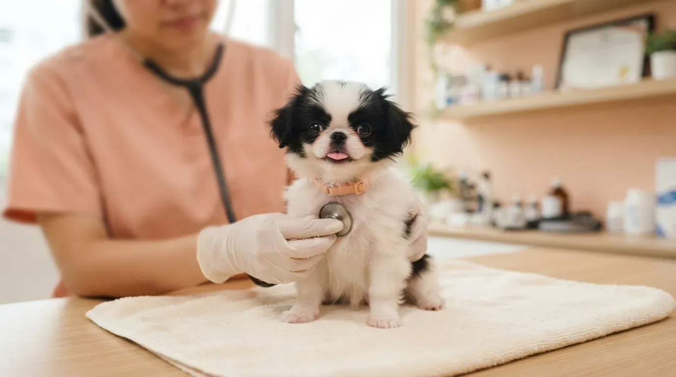 Japanese Chin puppy at a veterinary health check before going home